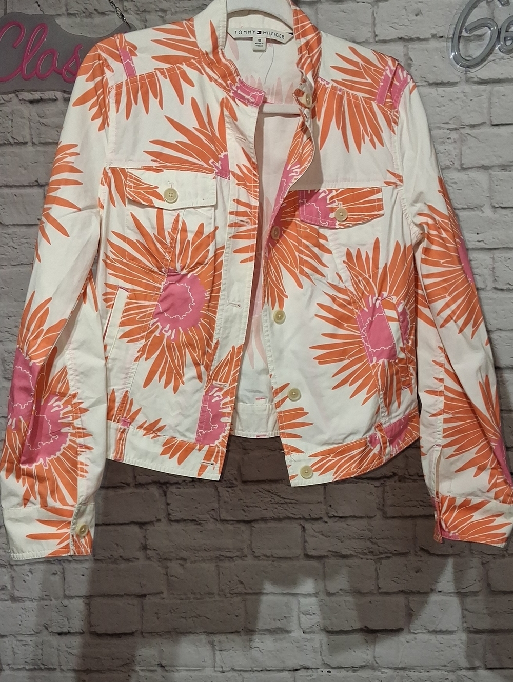 Tommy Hilfiger White Floral Jean Jacket with Orange & Pink Print